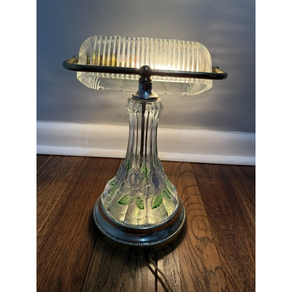 Vintage Anna Hutte Bleikristall Floral Glass Banker's Style Desk‎ Lamp RARE  12